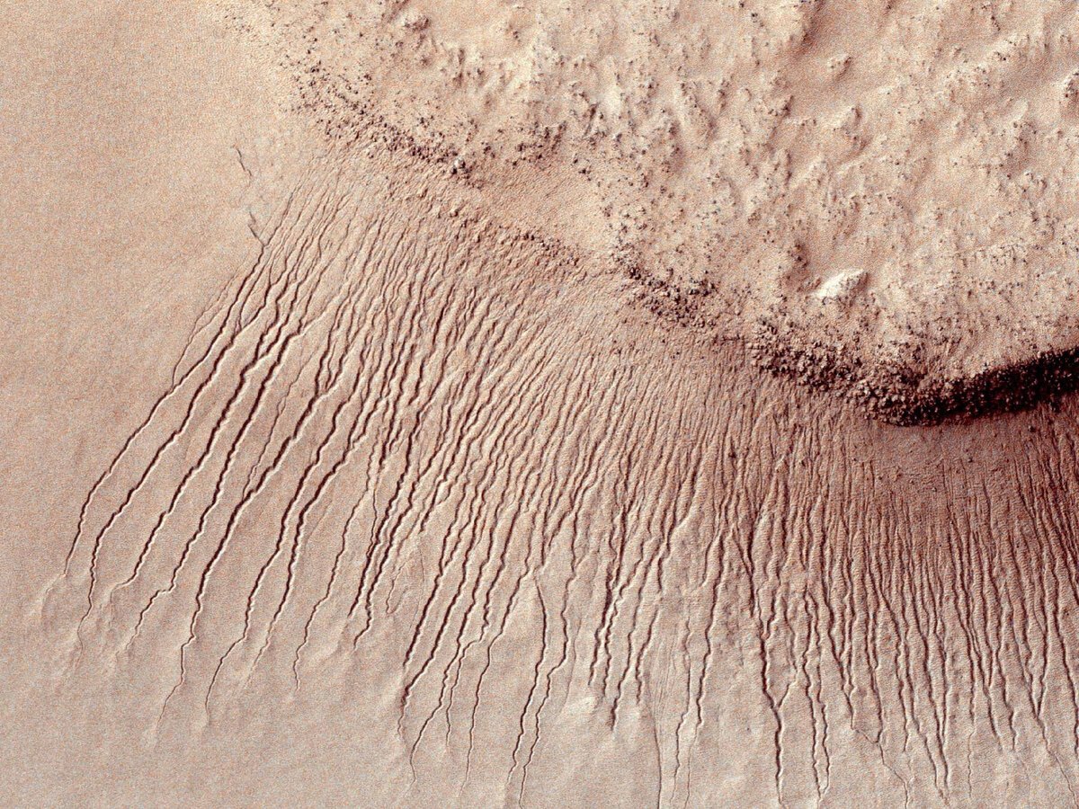 Фото: NASA/JPL-Caltech/University of Arizona / Марсианский рельеф, который мог быть образован потоками воды. Ширина таких «полос» от 1 до 10 метров. Снимок сделан орбитальным зондом Mars Reconnaissance Orbiter