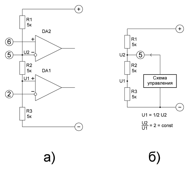 Рис. 1. Подключение компараторов к выводам микросхемы и к резисторам, обеспечивающих стандартные пороги срабатывания компараторов.