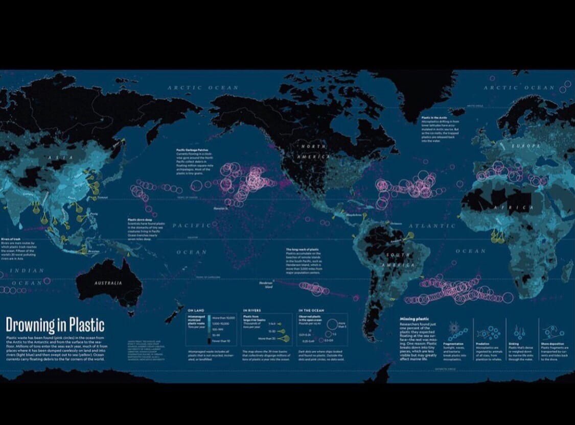Основные сосредоточения пластика в океане (круги большого размера) и основные источники поступления этого пластика (реки, обозначенные желтыми знаками). Как видно, большая часть рек на всех континентах снабжает океан пластиком и больше всего это реки Азии