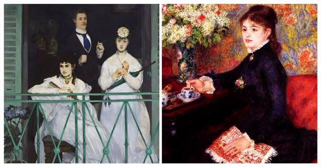 Фото слева: Эдуард Мане, Балкон (1868-1869), холст, масло, Париж, Музей Орсе, RF 2772, Фото предоставлено © RMN-Grand 
Дворец (Музей Орсе) / Эрве Левандовски | Фото справа: Пьер-Огюст Ренуар, Чашка шоколада (1877-1878), холст, масло, Франция, Лувр Абу–Даби, LAD 2022.002, Фото предоставлено © Департаментом культуры и туризма Абу-Даби / Фото Сильви Ван Рой