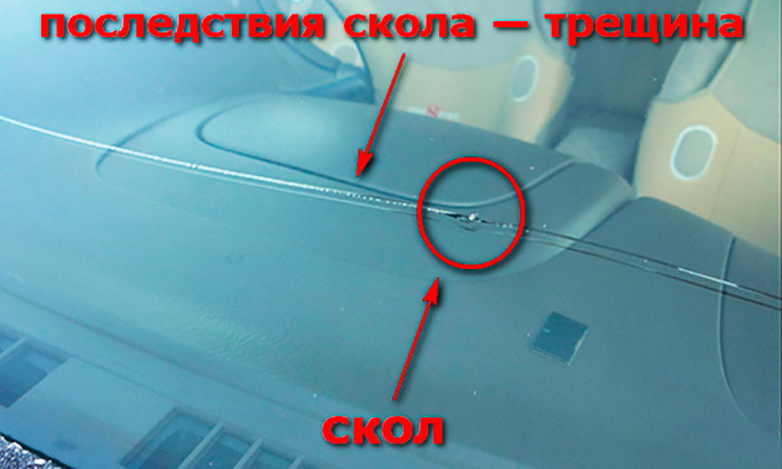 Трещина и скол на лобовом стекле