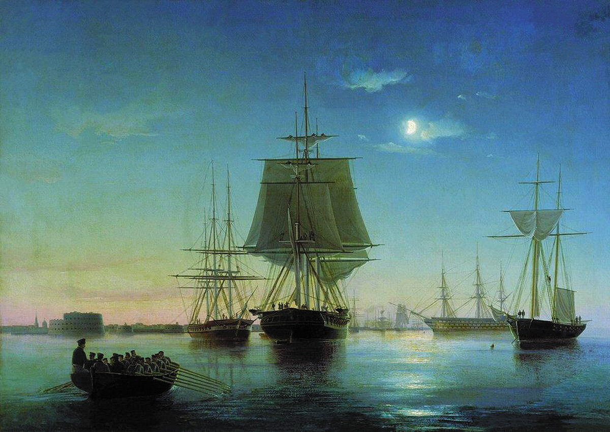 А.П. Боголюбов. Кронштадтский рейд с кораблями вечером. 1855 год