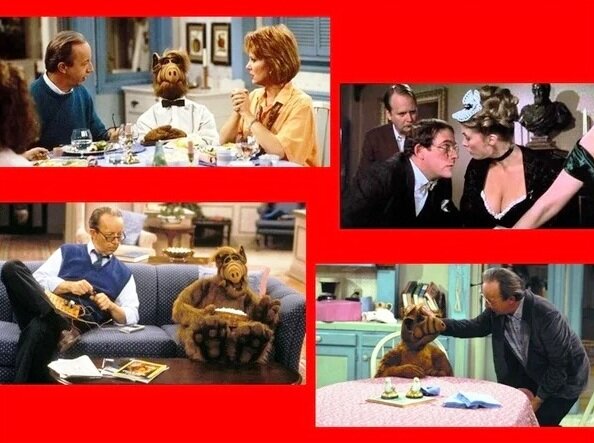 В коллаже представлены кадры из х.ф. «Улика» (1985) и «A.L.F.» (1986-1990, сериал).