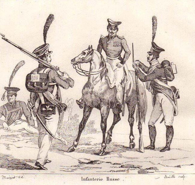 Русская пехота (гравюра Ж.Б. Ревиля, 1836 г.).