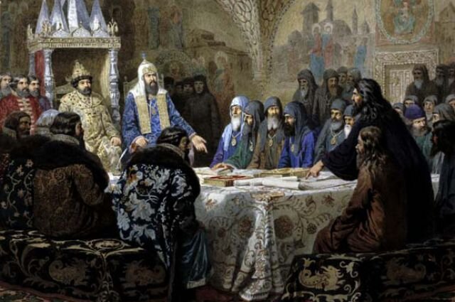 Никон представляет проект своей реформы источник https://www.google.com/url?sa=i&source=images&cd=&cad=rja&uact=8&ved=2ahUKEwj5squEm4jmAhXOlIsKHUjaAf8QjB16BAgBEAM&url=https%3A%2F%2Faif.ru%2Fsociety%2Fopinion%2Fcerkovnyy_raskol_dela_duhovnye_dela_mirskie&psig=AOvVaw3HBxhy4K5basGHs5VOQimM&ust=1574868807272521