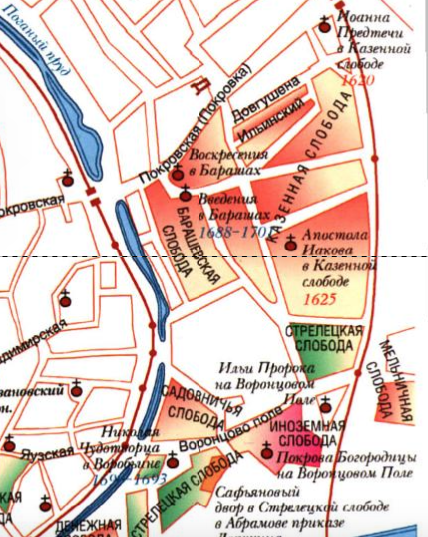 Более подробная карта слобод по обе стороны Земляного вала. С сайта www.retromap.ru.