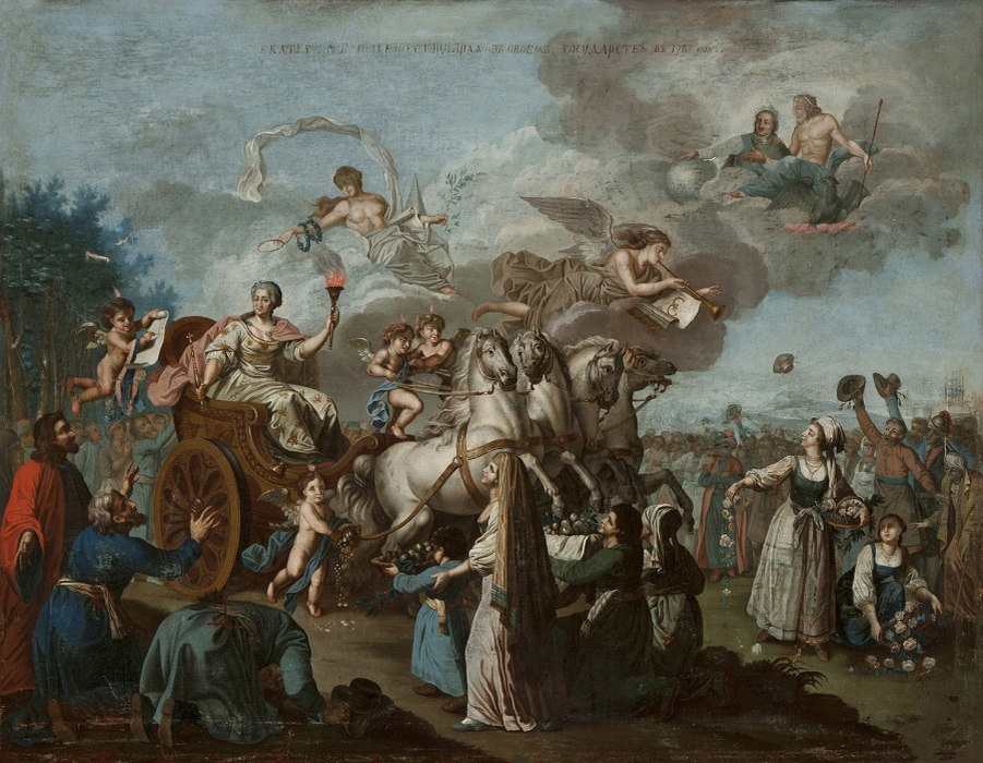 Раскраска гравюры Ф. де Мейса «Екатерина II, путешествующая в своем государстве". Прекрасно показана эфемерность государства.