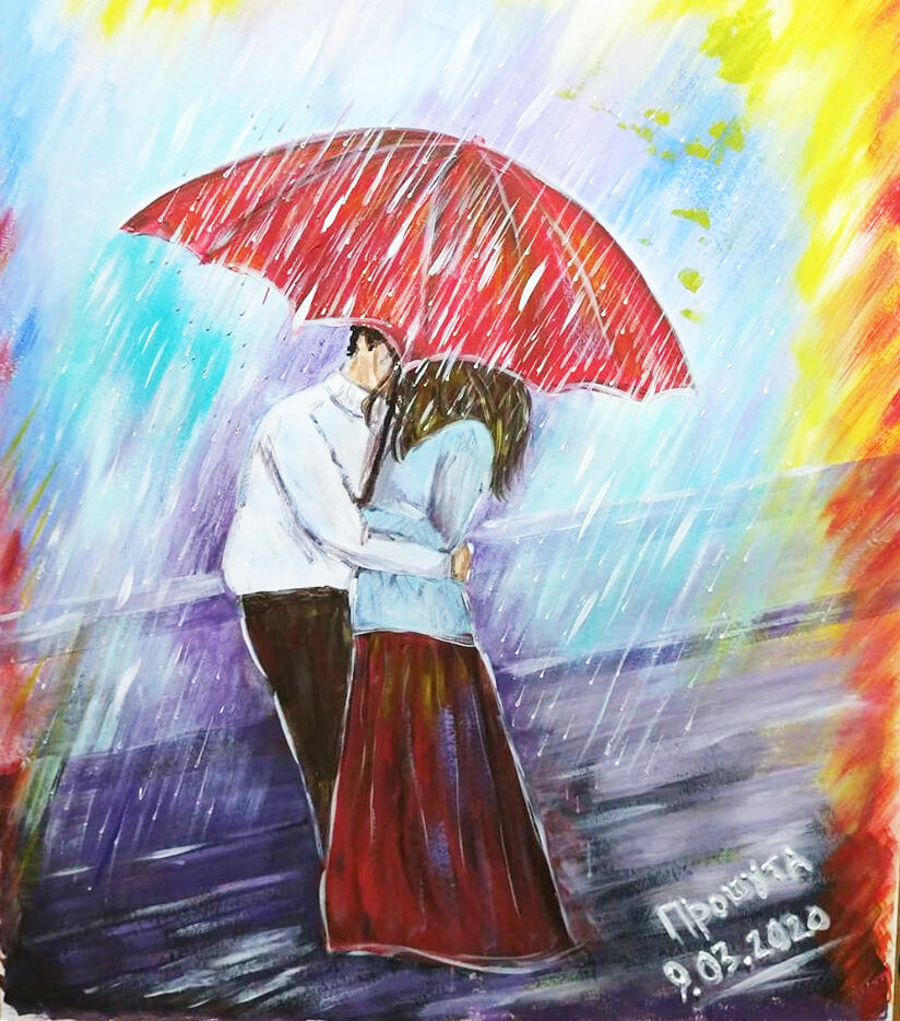 "Под дождем" Материал: грунтованный картон, акрил. Размер 60 Х 40