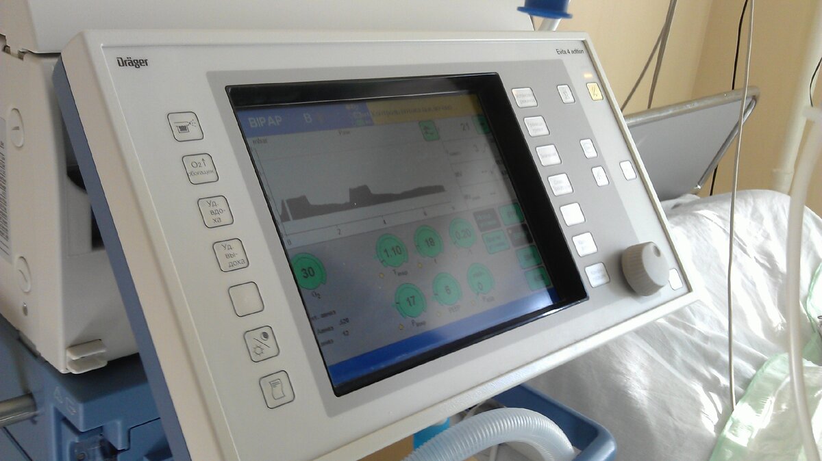 аппарат ИВЛ, DRAGER, немецкого производства, довольно популярен в России, рядом койка.