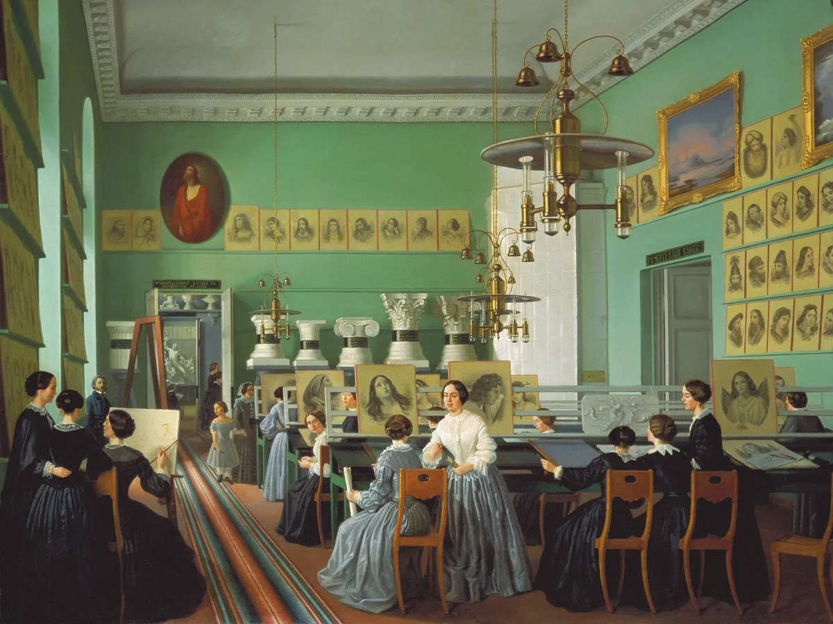 ЕКАТЕРИНА ХИЛКОВА. ВНУТРЕННИЙ ВИД ЖЕНСКОГО ОТДЕЛЕНИЯ ПЕТЕРБУРГСКОЙ РИСОВАЛЬНОЙ ШКОЛЫ ДЛЯ ВОЛЬНОПРИХОДЯЩИХ (ФРАГМЕНТ). 1855. ГОСУДАРСТВЕННЫЙ РУССКИЙ МУЗЕЙ, САНКТ-ПЕТЕРБУРГ