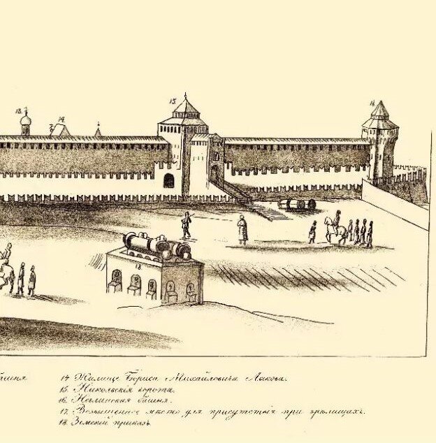 "Изображение великокняжеского замка называемого Кремлём", гравюра А. Мейерберга, 1660-е. Фрагмент, на переднем плане Никольский раскат.