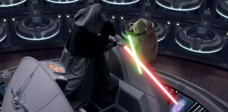 Йода сражается с Императором в Галактическом Сенате в «Звездных войнах: Месть ситхов».