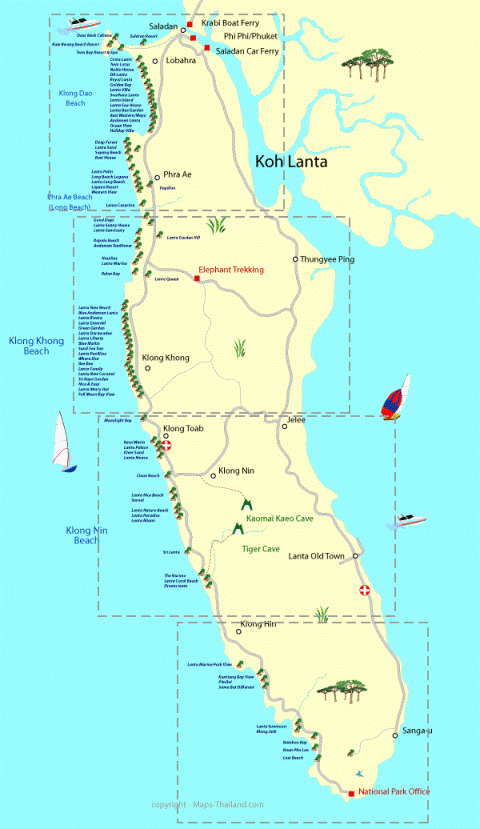 Карта острова с обозначением главных мест ещё до постройки моста. Maps-Thailand.com
