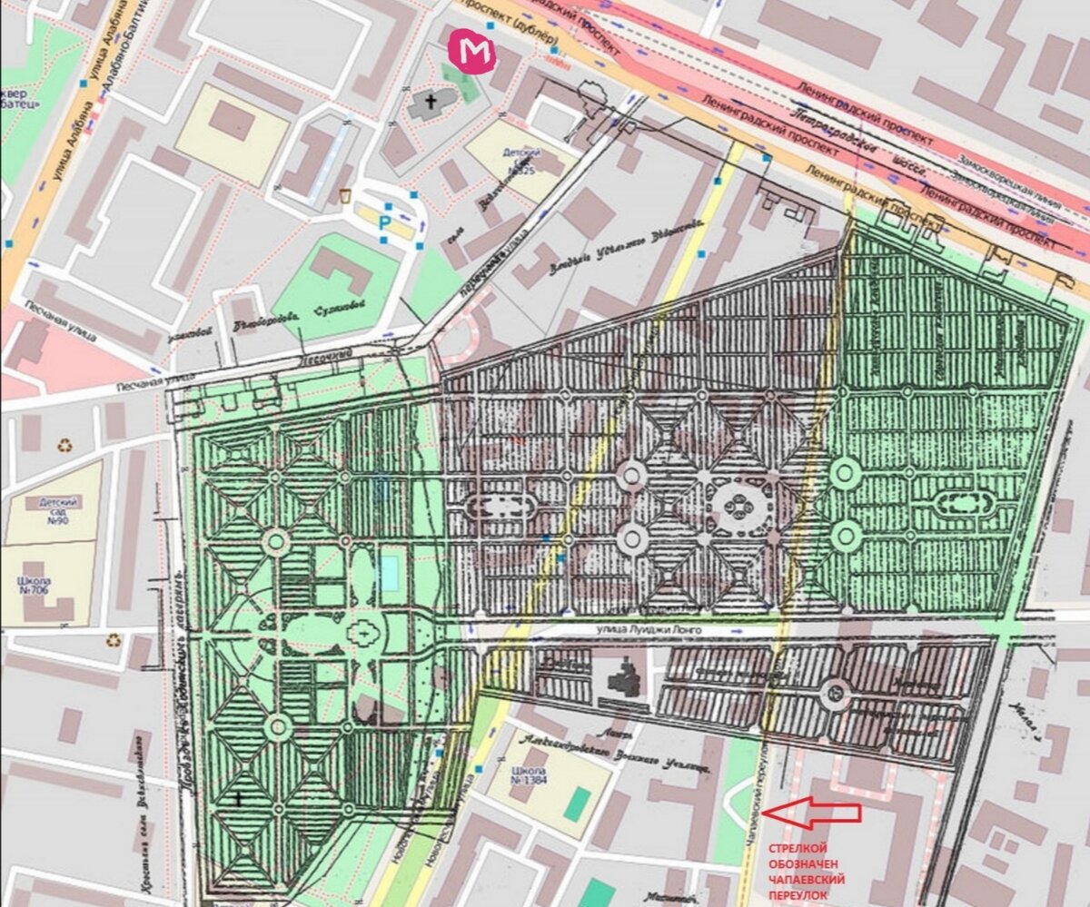Наложение Братского кладбища на современную карту