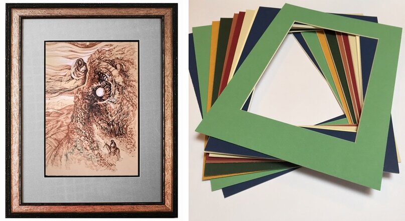 Создать карусель
Пример оформления графики в раму с паспарту. И паспарту (картонные рамки) разных цветов.
