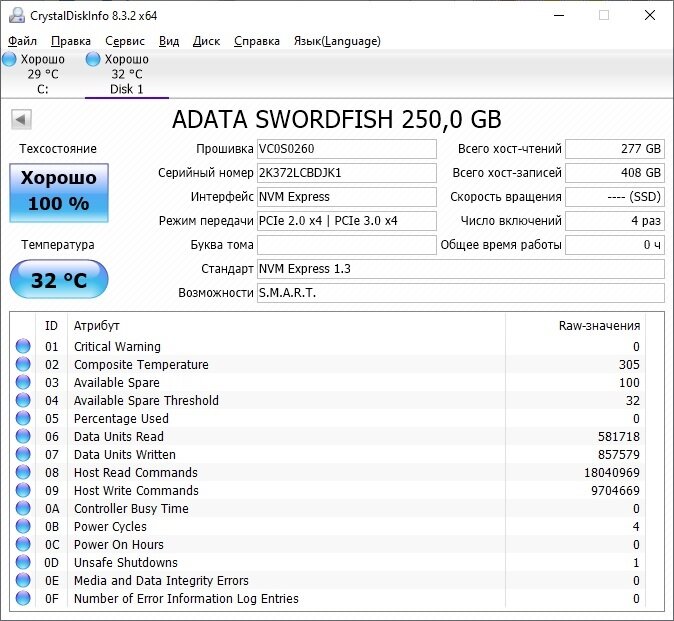 ADATA Swordfish  на шине PCI-e 2.0