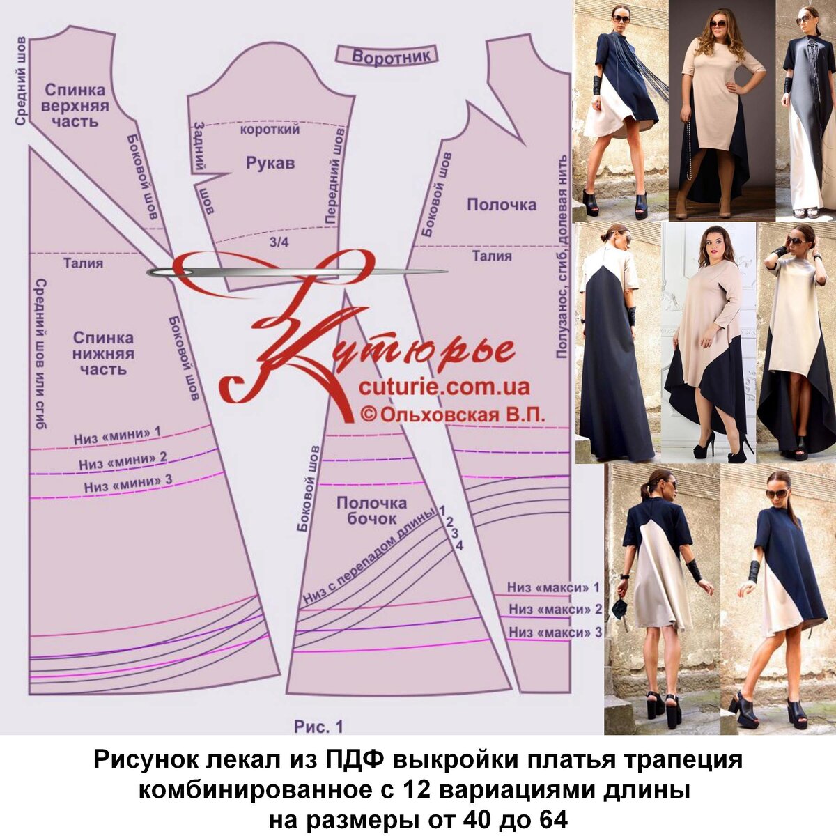 Лекала из ПДФ выкройки распечатываются в натуральную величину на размеры от 40 до 64