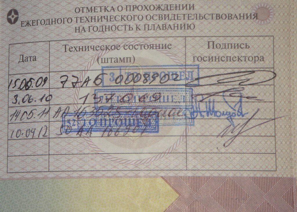 Отметки, в судовом билете, о прохождении ТО