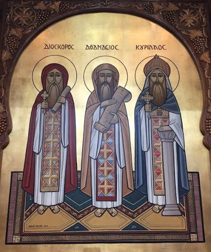 Коптская икона: патриарх Александрийский Диоскор (осуждённый Халкидонским собором), Афанасий Великий и Кирилл Александрийский.