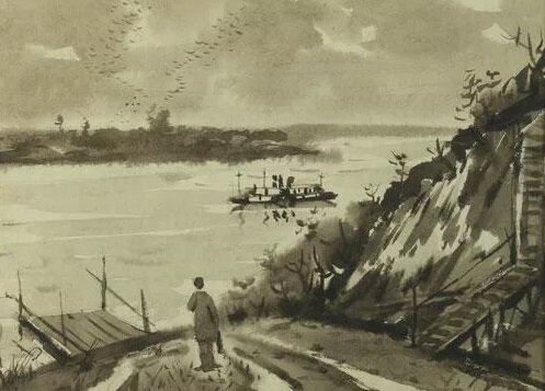 Козеренко (младший). Иллюстрационная разработка. К. Паустовский. «Дождливый рассвет». 1978. Бумага, акварель.
