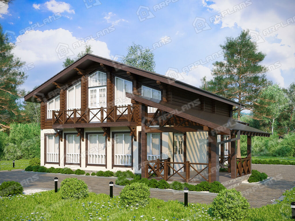 Фото 2 комбинированного дома из газобетона и бруса с мансардой, 4 спальнями, балконом, кабинетом, гостевой и террасой. Полезная площадь 200 кв м. Источник arplans.ru Проект А-024