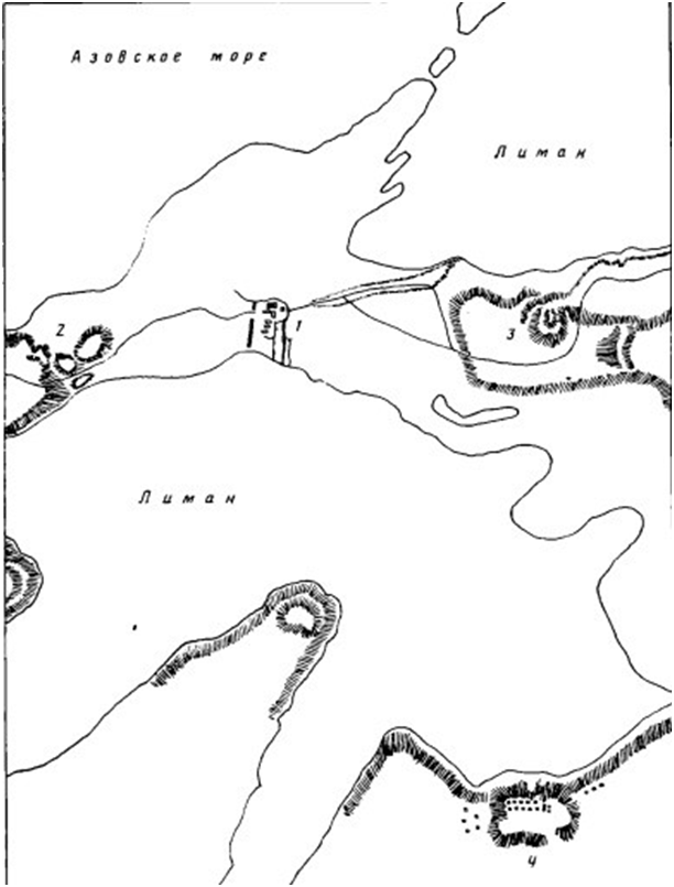 Рис.2. Карта местоположения города и крепости Темрюк 1777 год, снятая по указанию И.Ф.Бринка. 1-город Темрюк, 2-разрушенная крепость Берберземен (станица Голубицкая), 3-гора Аман-кала (Миска), 4-поселение Некрасовских казаков.