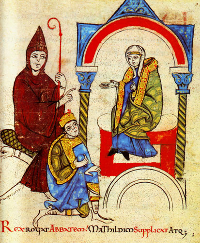 Анонимный
король Генрих IV умоляет графиню Матильду Тосканскую и аббата Хью Клюни ходатайствовать за него перед папой Григорием VII 1111-1116 Из рукописи Донизо Иллюминированная рукопись Biblioteca Apostolica Vaticana, Rome