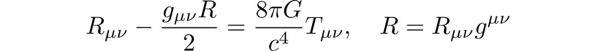 Вот это тензорное уравнение. R с индексами --- тензор Риччи, связанный с кривизной; он содержит производные от метрического тензора g. G --- гравитационная постоянная, c ---скорость света, T с индексами --- тензор энергии-импульса. Космологической константы здесь нет; у нее еще одно слагаемое, которое я не стал писать. Индексы наверху --- не степени, а индексы. "g с индексами вверху" --- это матрица, обратная к "g с индексами внизу". R без индексов --- скалярная кривизна, полученная сверткой тензора Риччи с метрическим тензором по обеим индексам ("элементы попарно перемножить и всё сложить"). Уравнения движения совсем простые: R=0 (с индексами, конечно), что и означает "движение по геодезической".