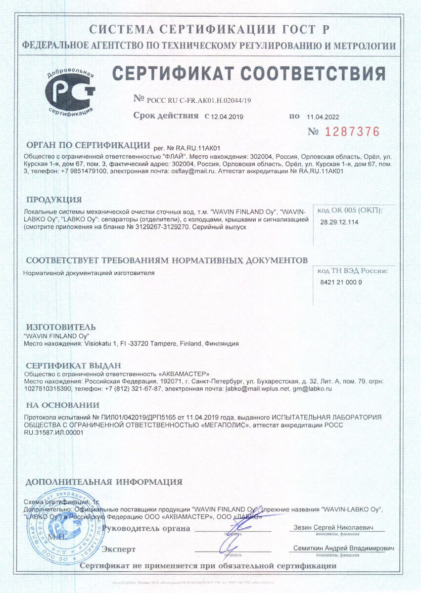 Пример сертификата соответствия