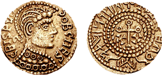 Тримса, 660-670 гг., золото (1,33 грамма, проба 350-100). Аверс — бюст, "CBISPVO COB CAES". Реверс — крест, "+RASEAC", руны (Лондон). Пост-крондэллский тип "Crispus" / фото © munze