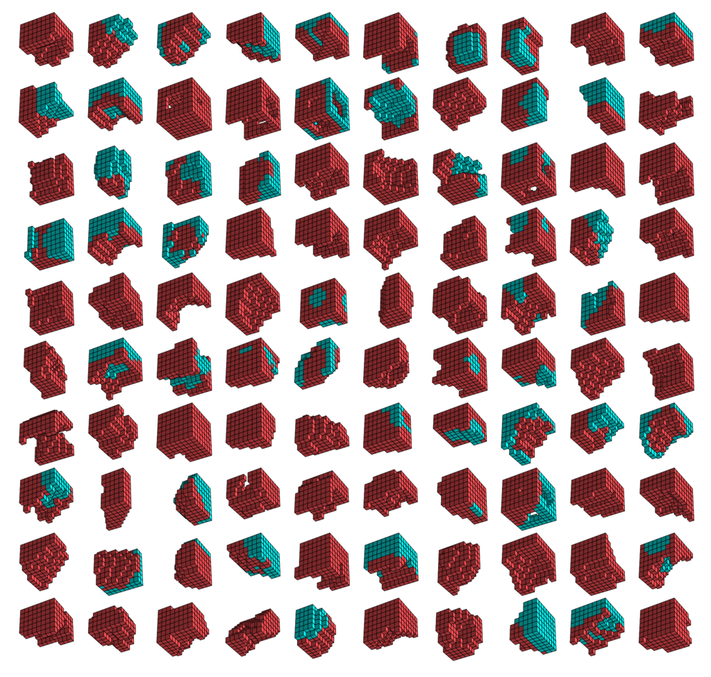 Сотня компьютерных чертежей ходячего организма, состоящего из пассивных (голубой) и сократительных вокселей (красный).