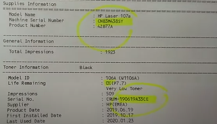 На второй странице отображен серийный номер аппарата (Machine Serial Number) и интересующий нас серийный номер чипа (Serial No.)