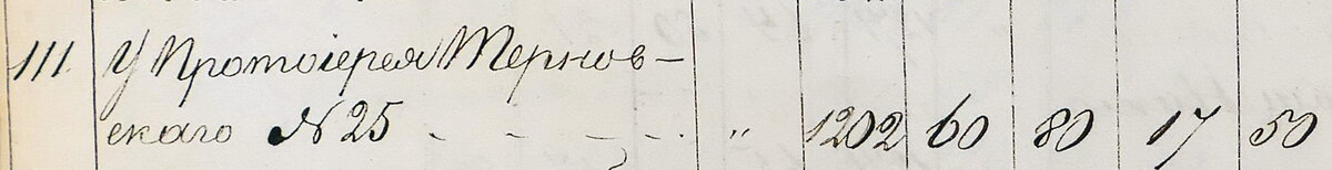 Владелец участка № 25 протоиерей Терновский в ведомости за 1873 год с арендной платой за участок в 60 рублей 80 копеек и земским сбором в 17 рублей 50 копеек в год