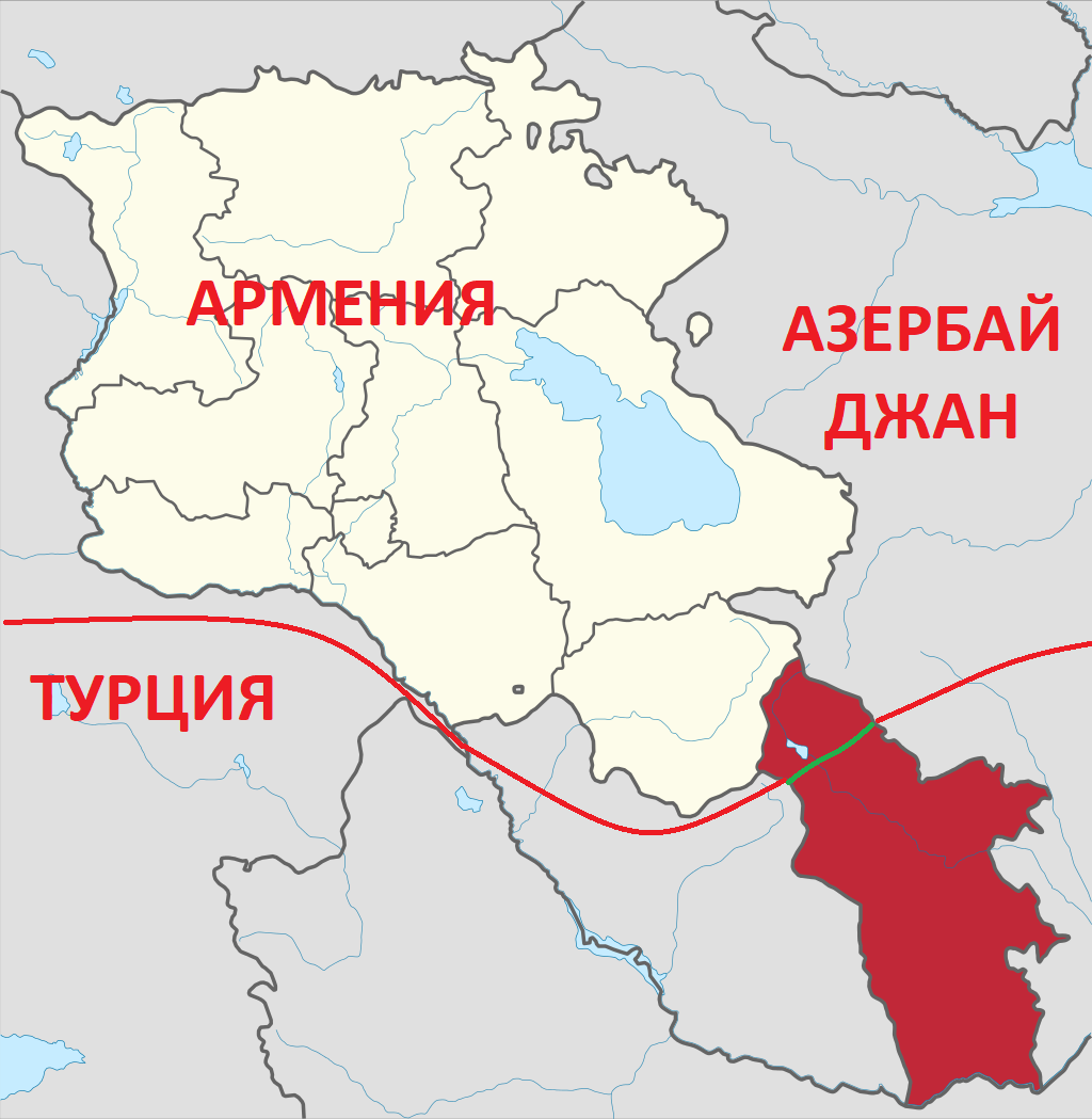 Красным выделена Сюникская область - территория, разделяющая Азербайджан и Турцию. Линия - возможный газопровод напрямую из одной страны в другую