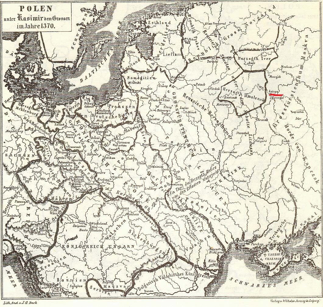Карта Польши 1370 г. Красным подчеркнуто расположение Колуги.