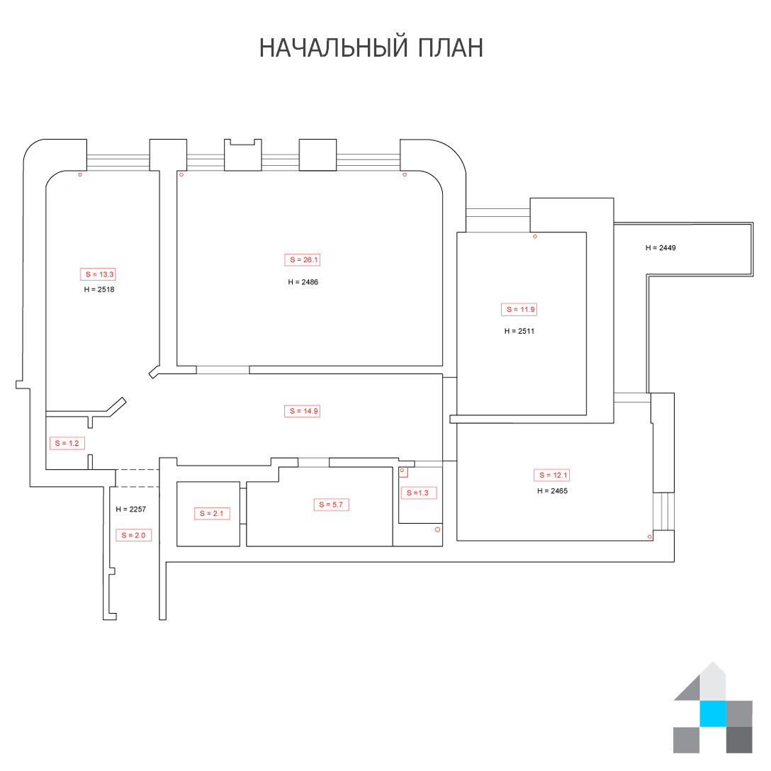 Много несущих стен, которые нельзя трогать. Ну, а мы и не будем!