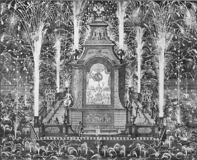 Фейерверк в честь заключения Ништадтского мира. Гравюра 1721.