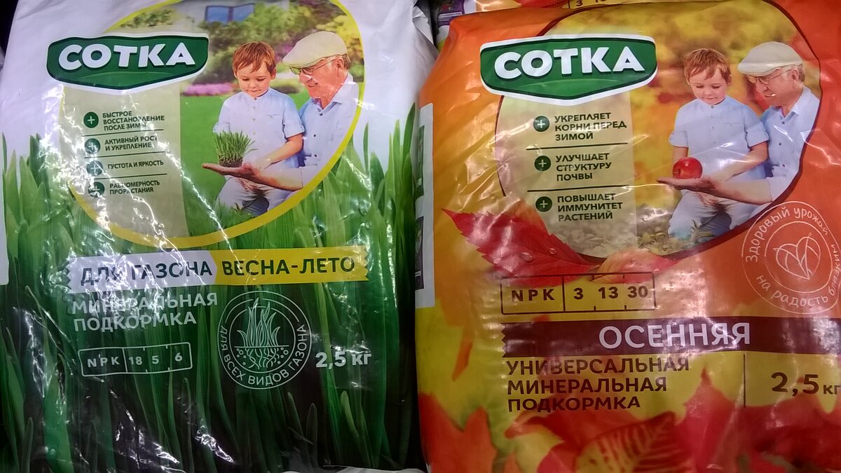 "Сотка" весенняя и осенняя. При посеве можно внести осеннюю, а весеннюю - уже немного погодя, когда появятся всходы.