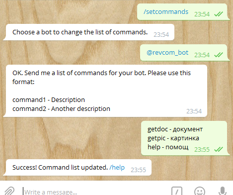 Your sent list. Command1 - description command2 - another description. Ok. Send me a list of Commands for your bot. Please use this format: command1 - description command2 - another description. Ok. Send me a list of Commands for your bot. Please use this format:. Choose a bot to change description..