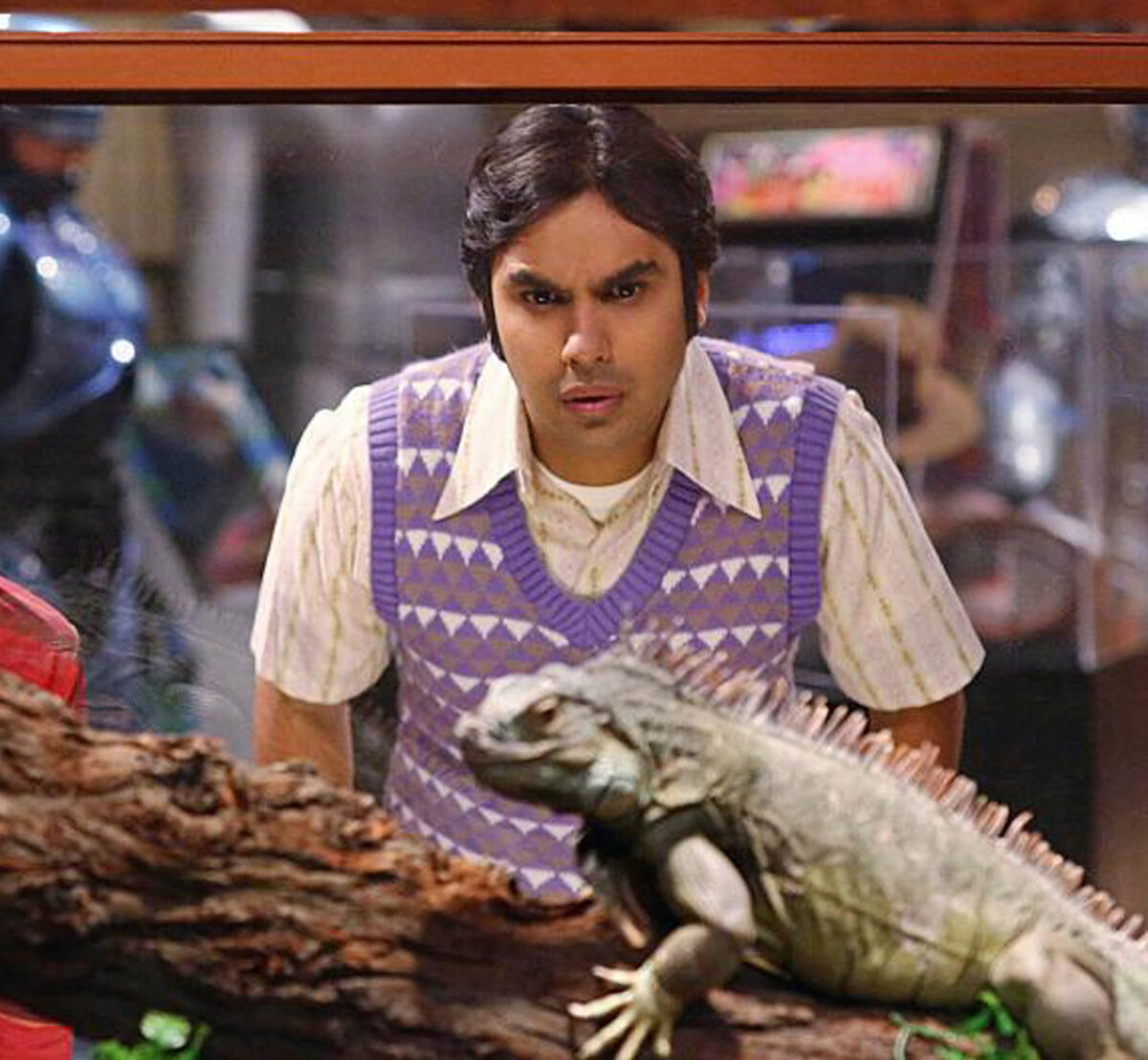 Радж и игуана. Сериал "Теория большого взрыва". P.S. Игуане свойственно преследовать свою жертву, этот факт взят в качестве примера.