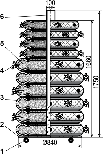 Вертикальная грядка из автопокрышек: 1 – опора роликовая поворотная (3 шт.); 2 – основание (5-мм плита, Ст3); 3 – автопокрышки (10 шт.); 4 – растение; 5 – грунт засыпной; 6 –увлажнитель (труба катаная из алюминиевого сплава ГОСТ 18475–73 или пластиковая, перфорированная)
