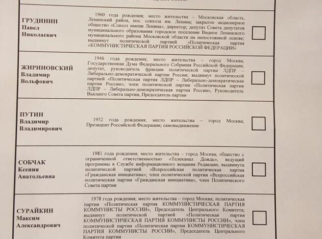 Совсем недавно ЦИК опубликовала как будет выглядеть бланк кандидатов в президенты, о всех кандидатах составили довольно подробную биографию, кроме.… Путина, о нём мы можем знать только то, что он родился в Москве в 1952 году, является самовыдвиженцем и нынешним президентом, это разве не смешно?