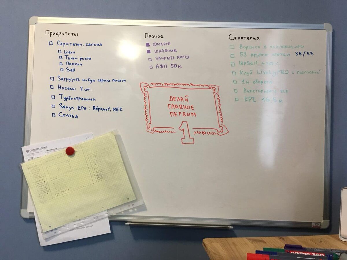 Три столбика: текучка, личное и задачи на развитие. В рамочке напоминалочка