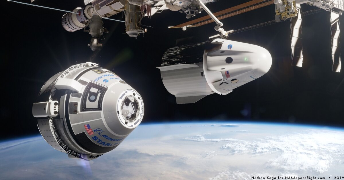 Корабли Crew Dragon и Starliner пристыкованные к МКС, рисунок. NASA