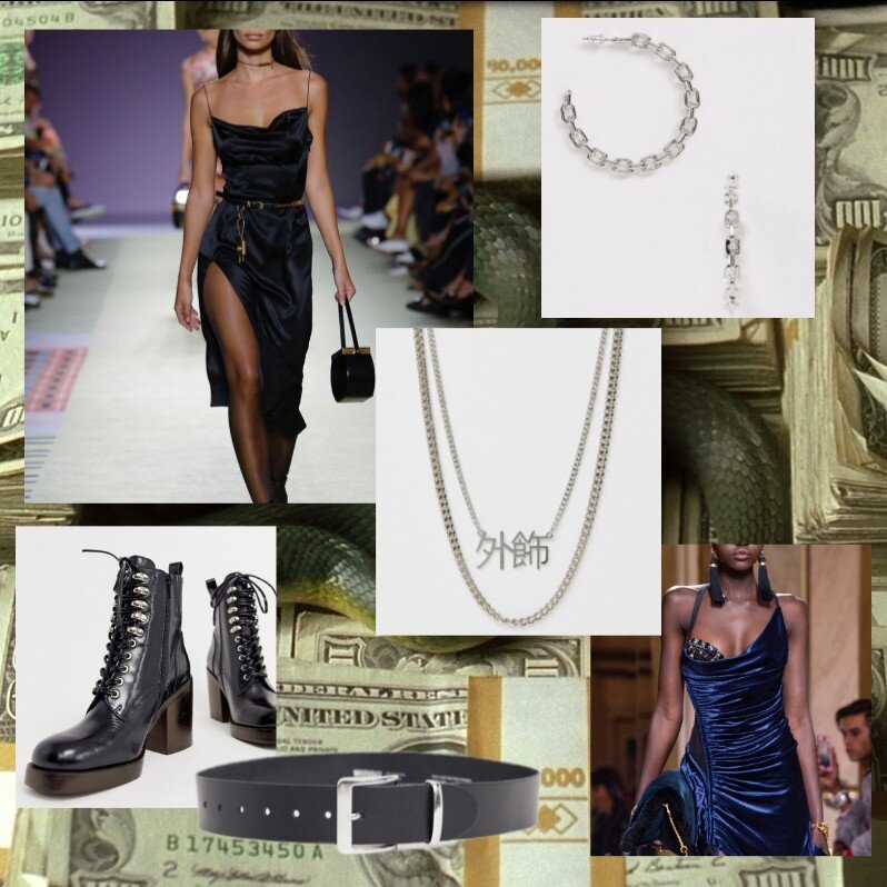 Платье (чёрное) - Versace. Ботинки, цепь, серьги, ремень - ASOS. Платье (синее) - аналогично, хер знает, с пинтереста