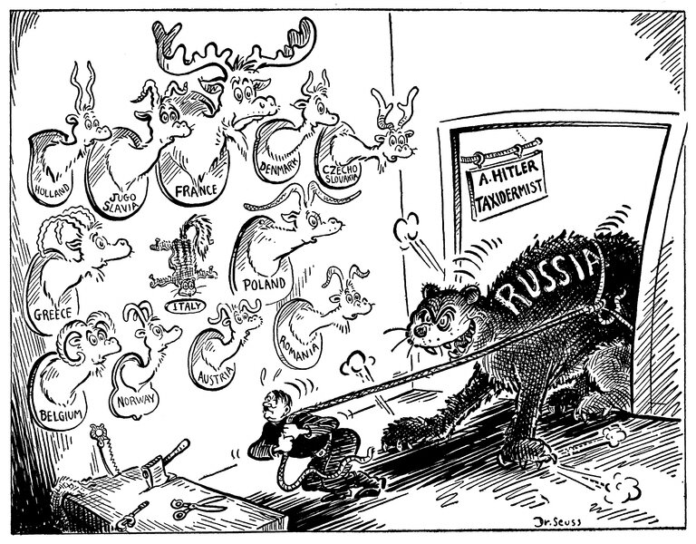 Гитлер-таксидермист. Карикатура от 25 июня 1941 года: фюрер тащит в свою коллекцию упирающегося русского тигра, и пока не понятно, кто станет чучелом