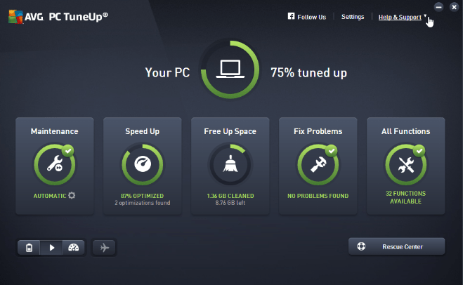 AVG PC Tuneup имеет прекрасный интуитивно понятны интерфейс и предлагает провести обслуживание ПК, ускорение его работы, удаление ненужных файлов и другие мероприятия