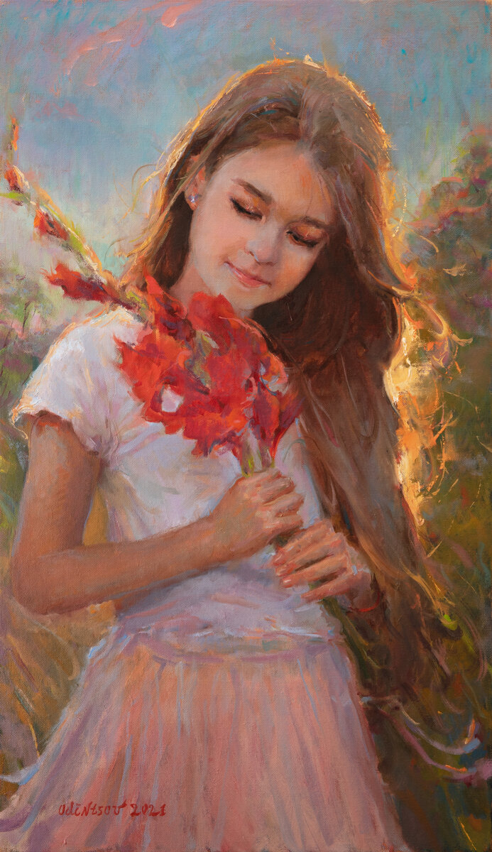 "Девочка с гладиолусом", холст, масло, 2021 г. Работа и фото автора