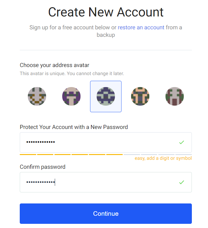 На https://beta.wavesplatform.com/ выбираем аватар (по нему сгенерируется адрес) и придумываем пароль: