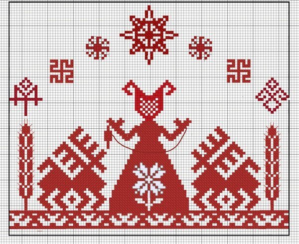 Рогатая богиня с оленьками в мотивах русской народной вышивки